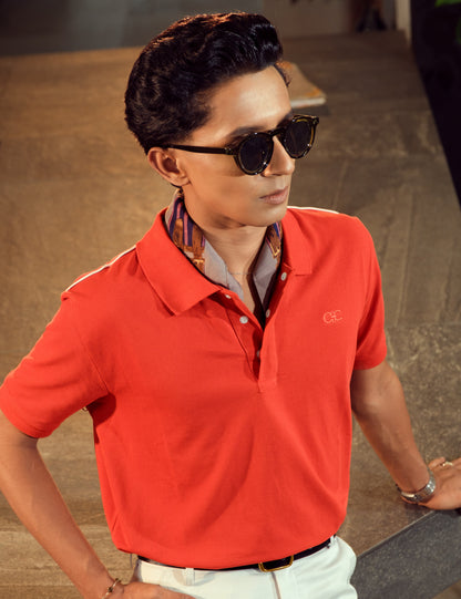 Vermilion coral red minimalist polo shirt styled for smart casual by Drip Club Syd