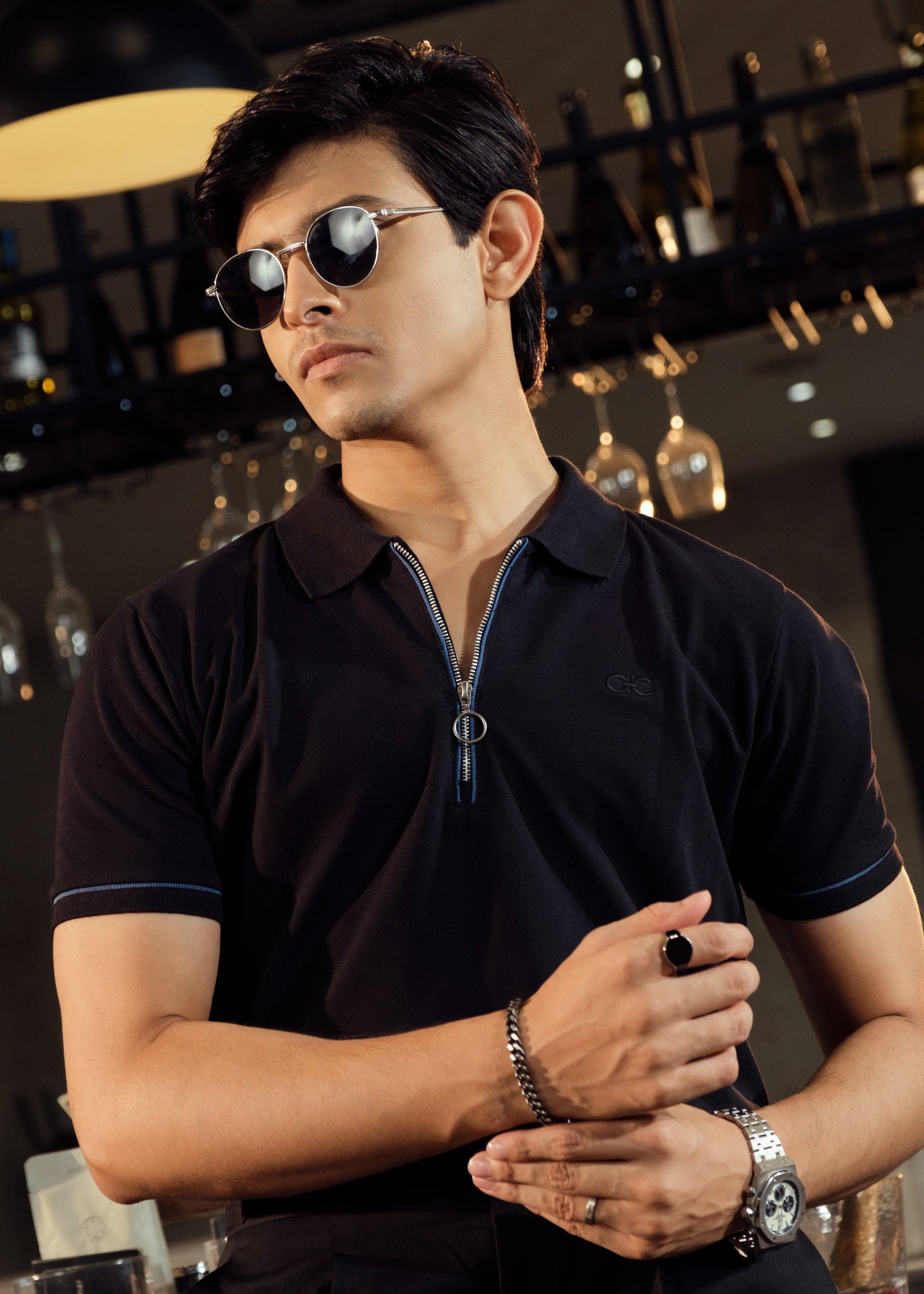 Premium cotton pique detail on the Eclipse deep black minimalist polo shirt from Drip Club