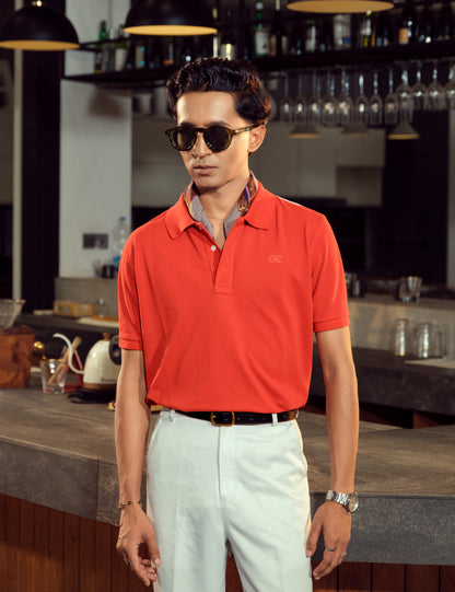 Drip Club Vermilion unisex coral red minimalist polo shirt, standard unisex sizing