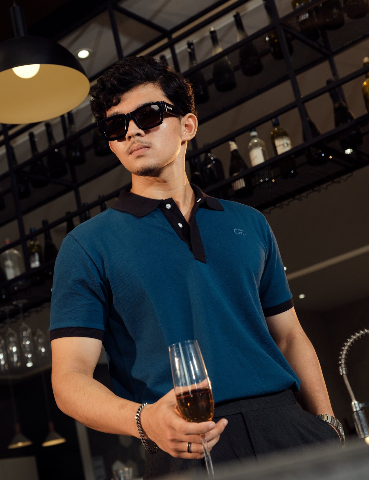 Premium cotton pique detail on the Apatite teal minimalist polo shirt from Drip Club