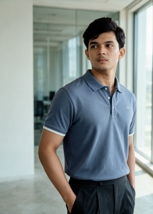 Unisex Minimalist Blue-Grey Polo – Ascot Haze (Muted Soft Cotton)