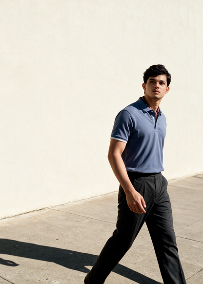 Unisex Minimalist Blue-Grey Polo – Ascot Haze (Muted Soft Cotton)