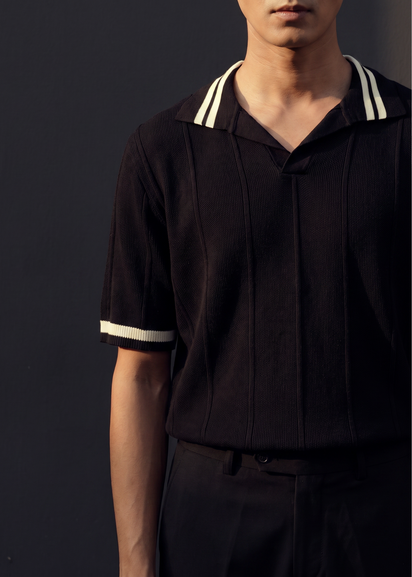 Unisex Premium Cable Knit Polo – Onyx (Deep Black)
