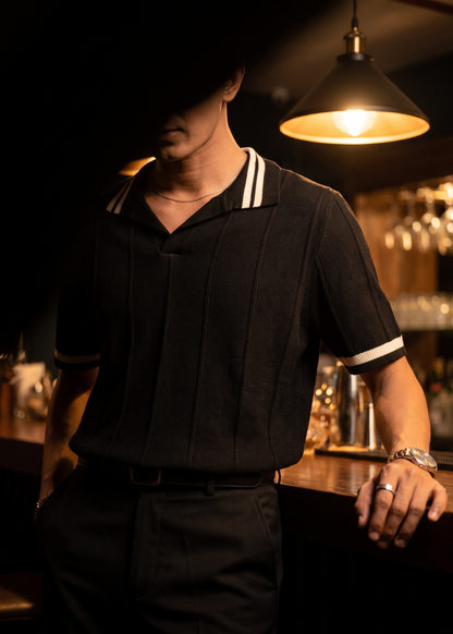 Unisex Premium Cable Knit Polo – Onyx (Deep Black)