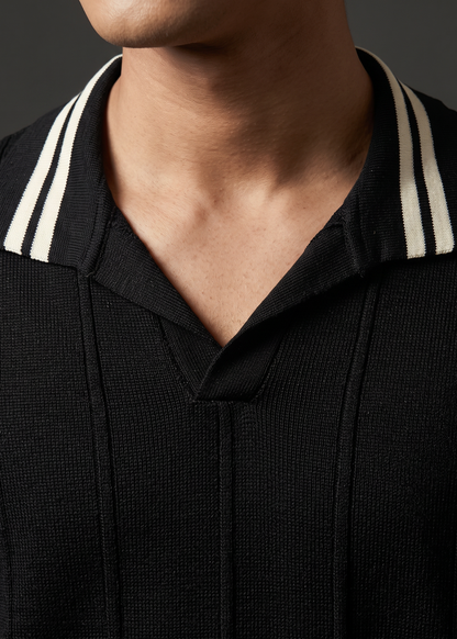 Unisex Premium Cable Knit Polo – Onyx (Deep Black)