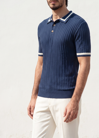 Unisex Premium Cable Knit Polo – Naverio (Navy Blue)