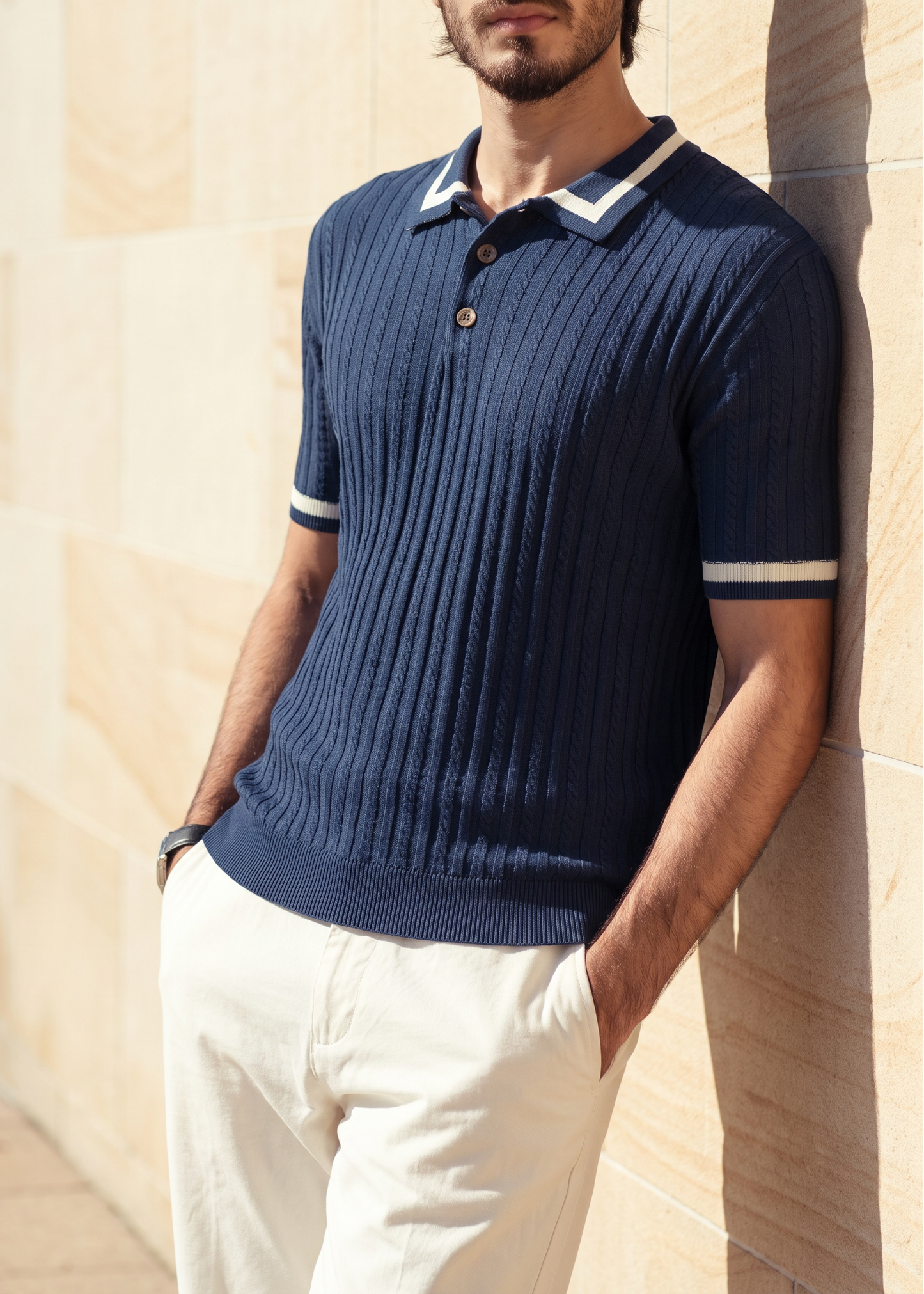 Unisex Premium Cable Knit Polo – Naverio (Navy Blue)