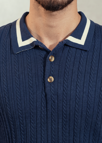Unisex Premium Cable Knit Polo – Naverio (Navy Blue)