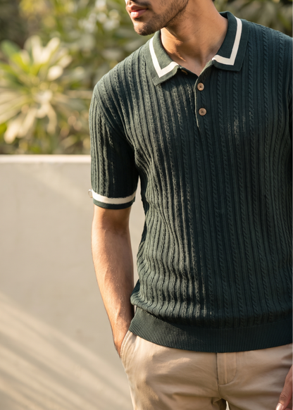 Unisex Premium Cable Knit Polo – Sylvan (Forest Green)