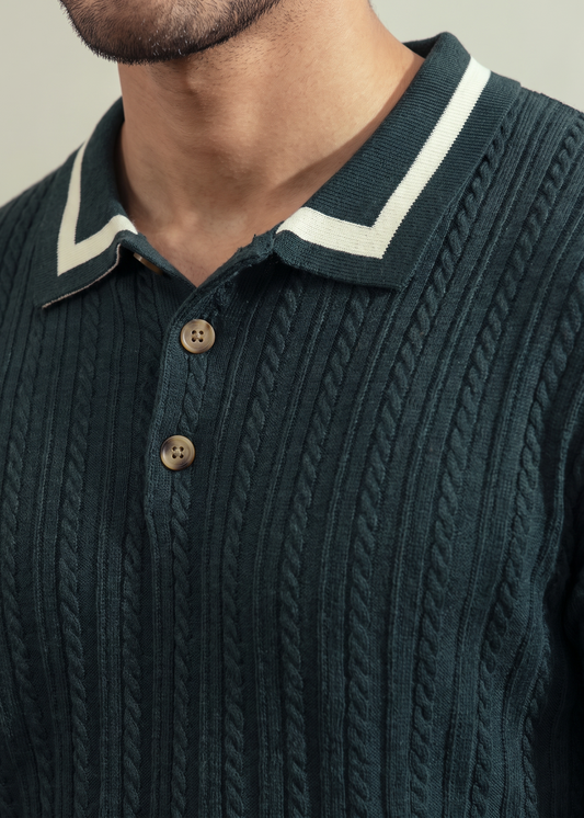 Unisex Premium Cable Knit Polo – Sylvan (Forest Green)