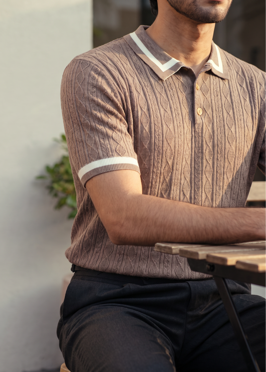 Unisex Premium Cable Knit Polo – Earl (Caramel Brown)