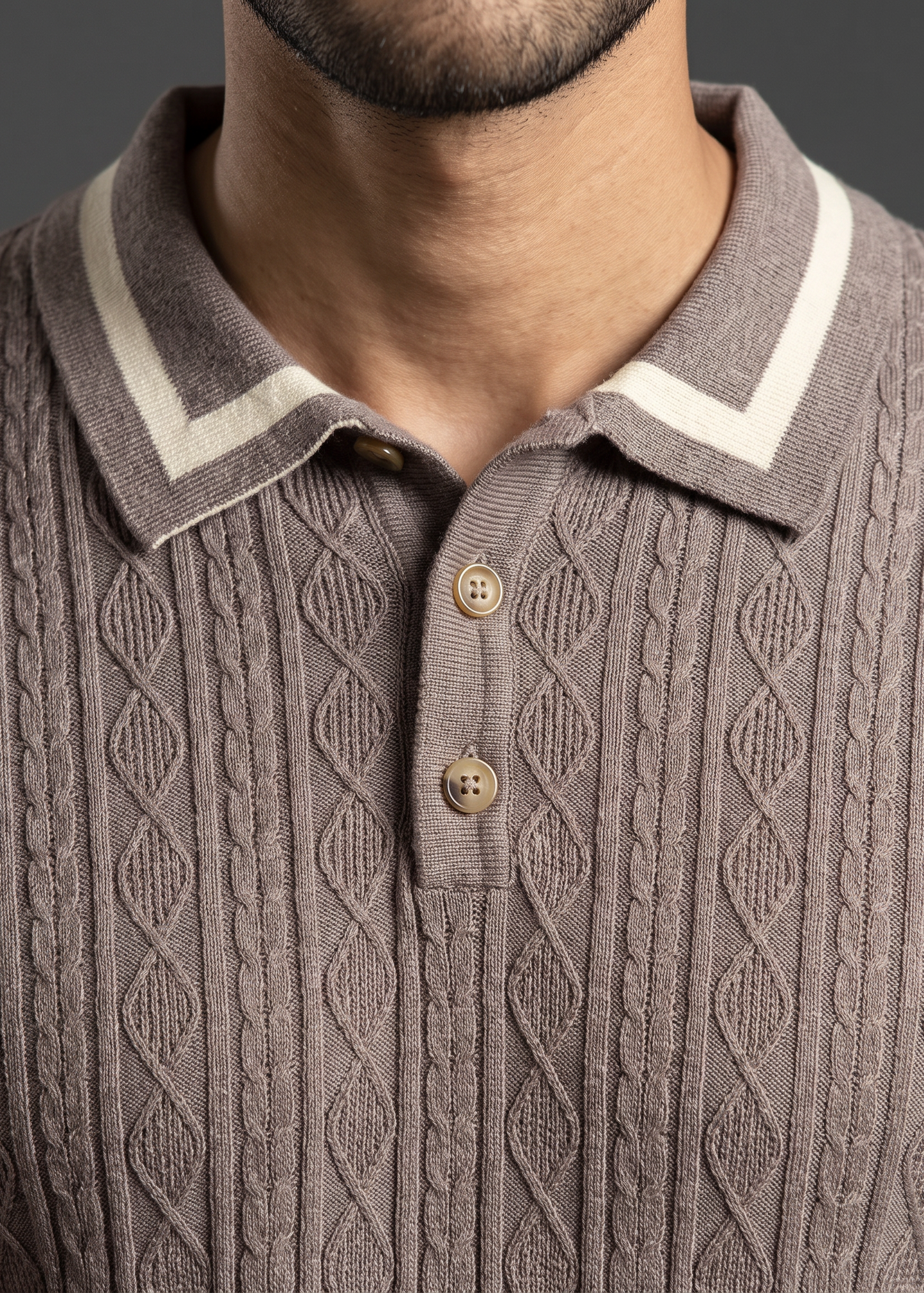 Unisex Premium Cable Knit Polo – Earl (Caramel Brown)