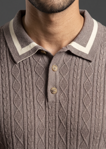 Unisex Premium Cable Knit Polo – Earl (Caramel Brown)