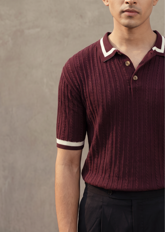 Unisex Premium Cable Knit Polo – Aveloir (Rich Burgundy)