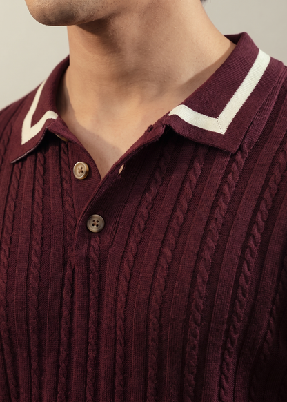 Unisex Premium Cable Knit Polo – Aveloir (Rich Burgundy)