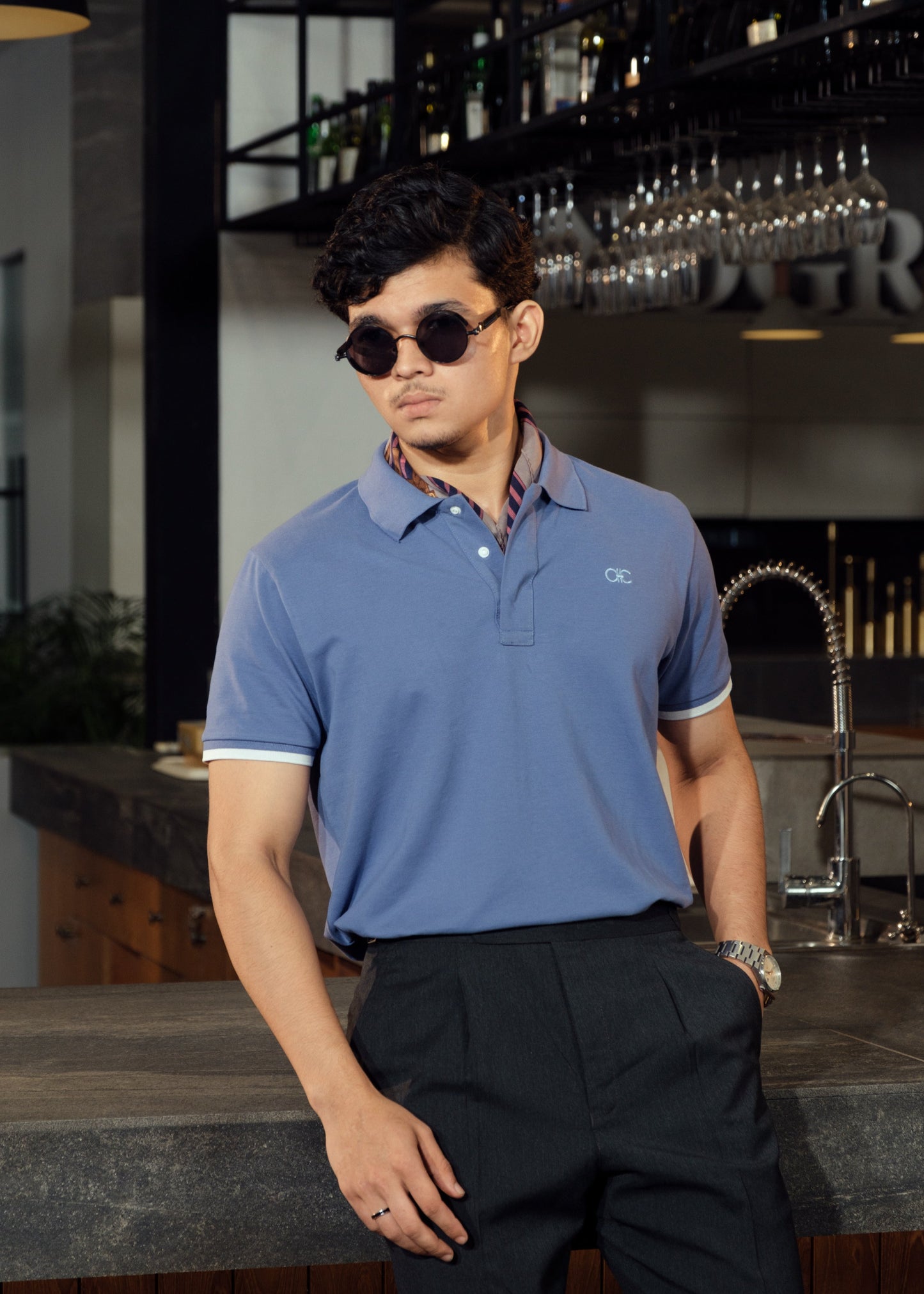 Unisex Minimalist Blue-Grey Polo – Ascot Haze (Muted Soft Cotton)