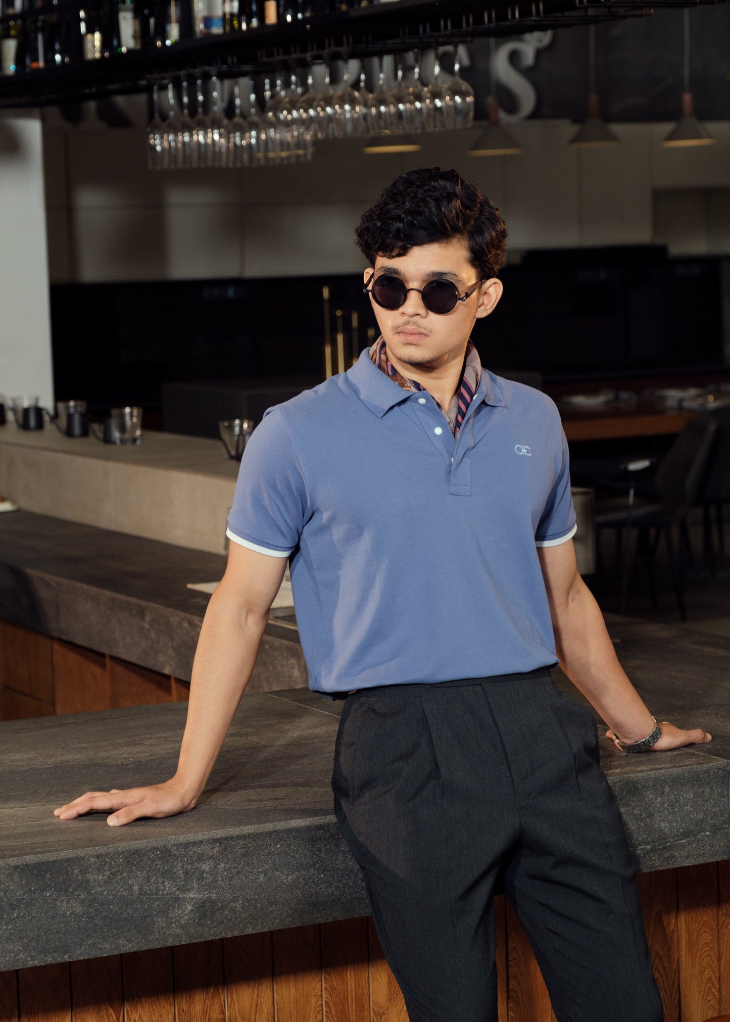 Unisex Minimalist Blue-Grey Polo – Ascot Haze (Muted Soft Cotton)