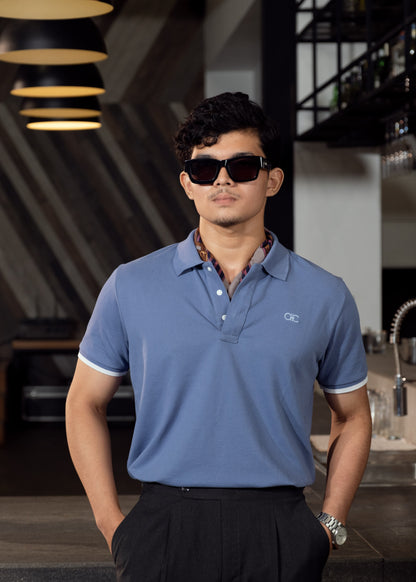 Unisex Minimalist Blue-Grey Polo – Ascot Haze (Muted Soft Cotton)