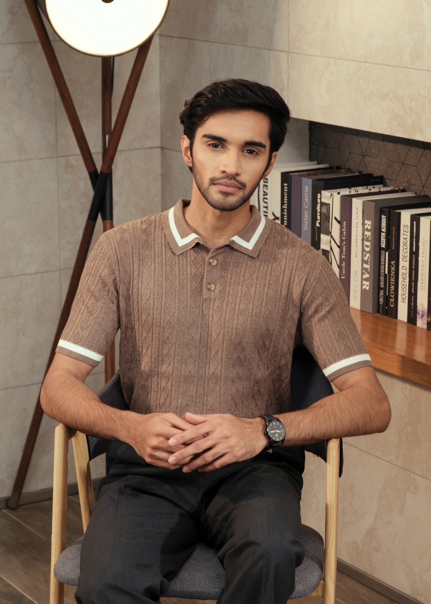 Unisex Premium Cable Knit Polo – Earl (Caramel Brown)